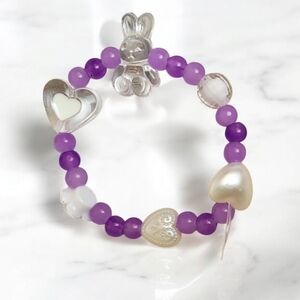 Purple Glass Rabbit Rose Acrylic Beaded Heart Bracelet